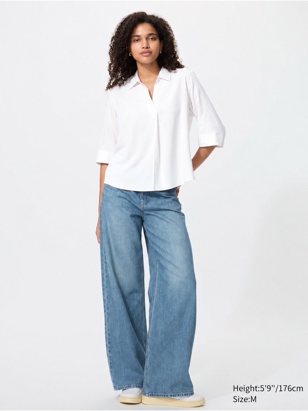 Uniqlo Rayon Skipper Collar Blouse 3/4 Sleeve White V-Neck Short-Sleeve Blouse S